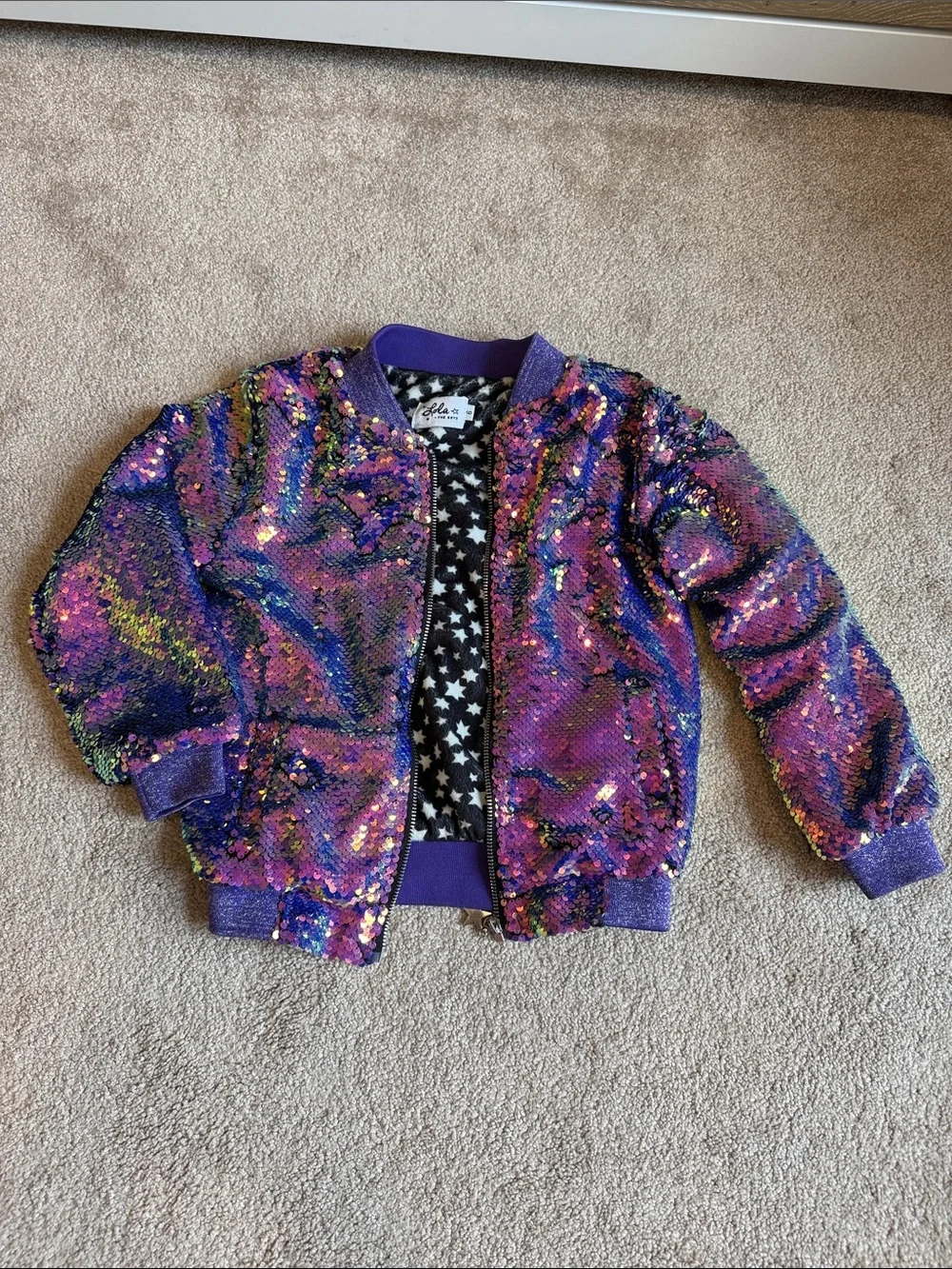 Girls' Purple Iridescent Sequin Bomber Jacket with Star Lining